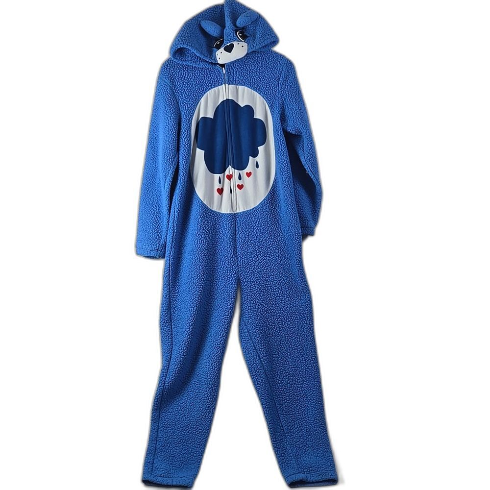 Care Bears Blue Grumpy Bear Rain Cloud Adult Sz M Fleece Romper Pajamas Full Zip